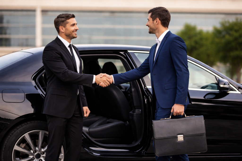 Chauffeur de taxi accueillant un client professionnel près du véhicule
